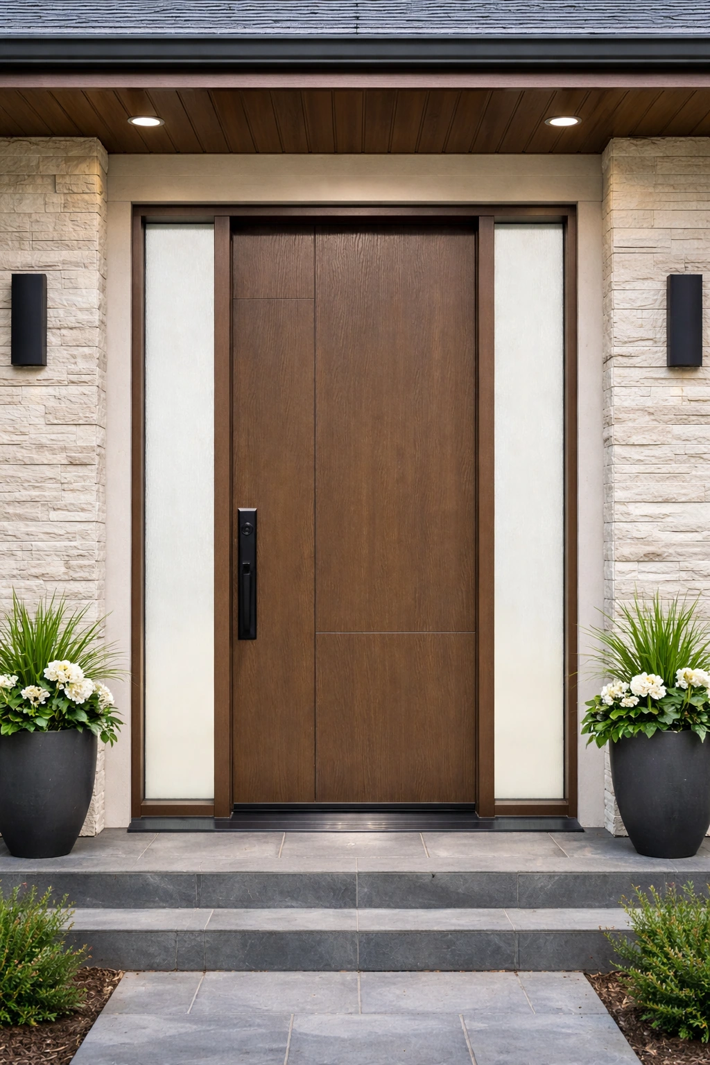Rich mahogany grain, a black pull and two sandblasted sidelites.