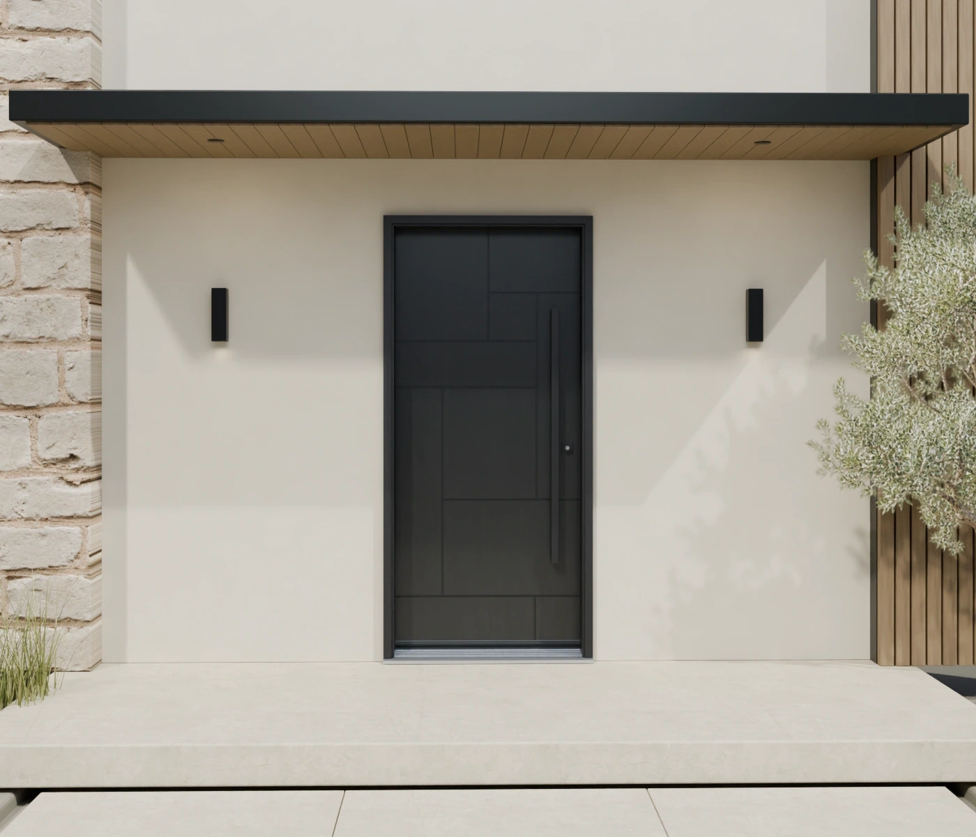 Warm oak grain and a long black pull, framed in black.