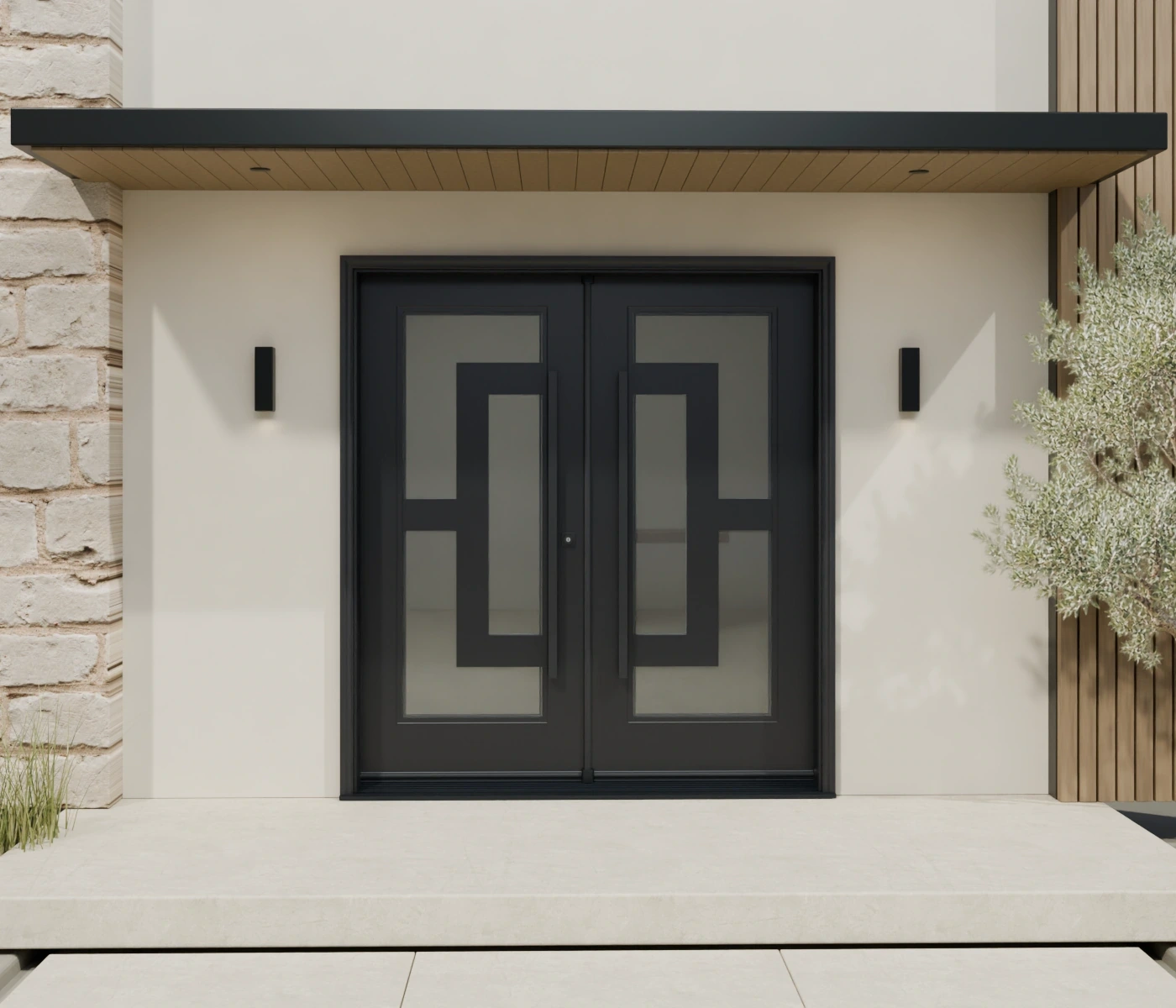 Amore double doors, Solstice dark glass, black pull par handles, black sill.