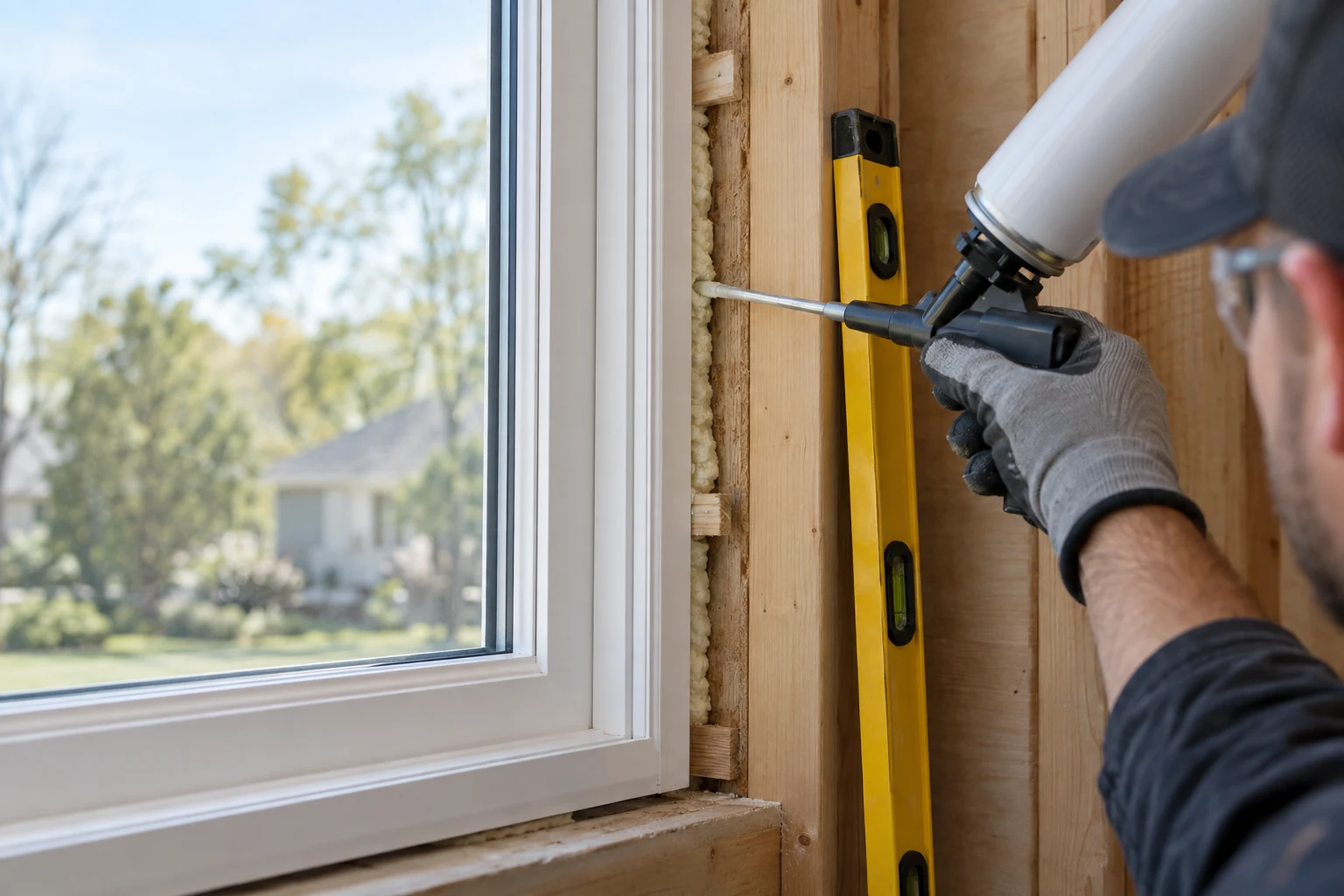 Installer air-sealing the narrow gap around a vinyl window frame before fitting interior trim.
