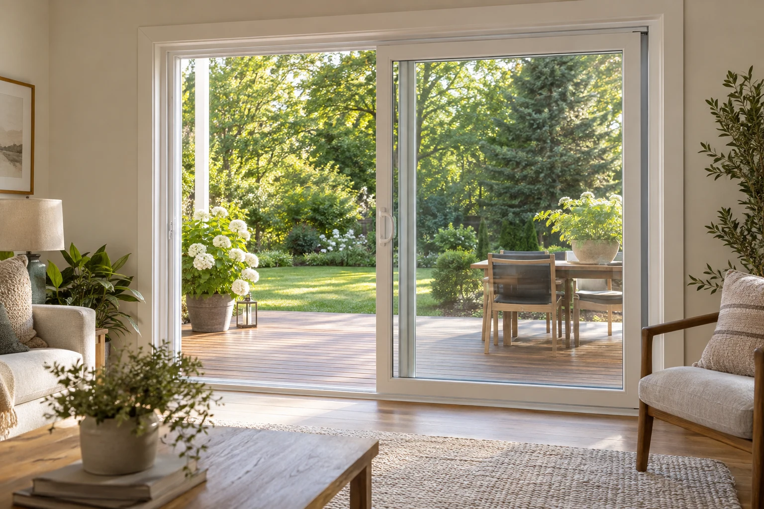 White vinyl sliding patio door opening from a living room onto a garden deck.