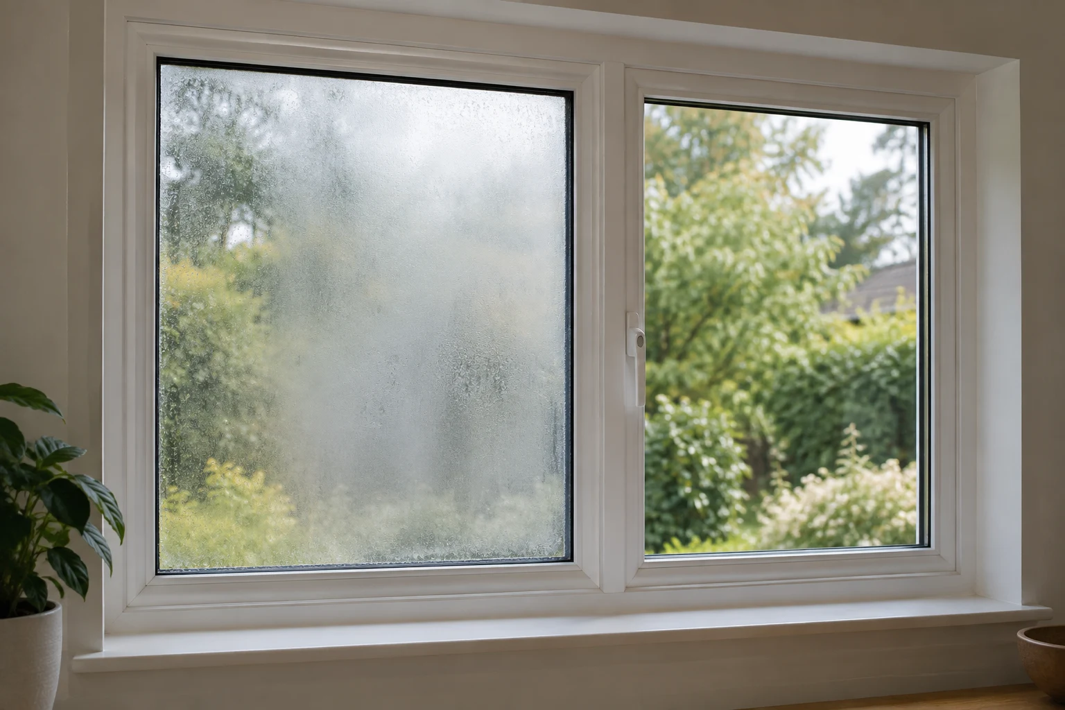 Condensation trapped inside an insulated glass pane beside clear glazing in an intact vinyl frame.