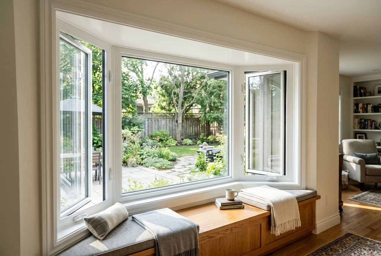 A bright modern living room featuring a three-panel vinyl bay window with an integrated wooden bench seat and natural light streaming in.