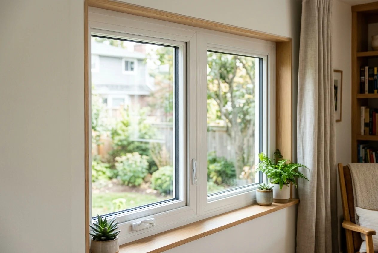 Close-up view of a white vinyl double-pane insulated window showing two glass panes separated by a spacer bar in a sunlit interior.