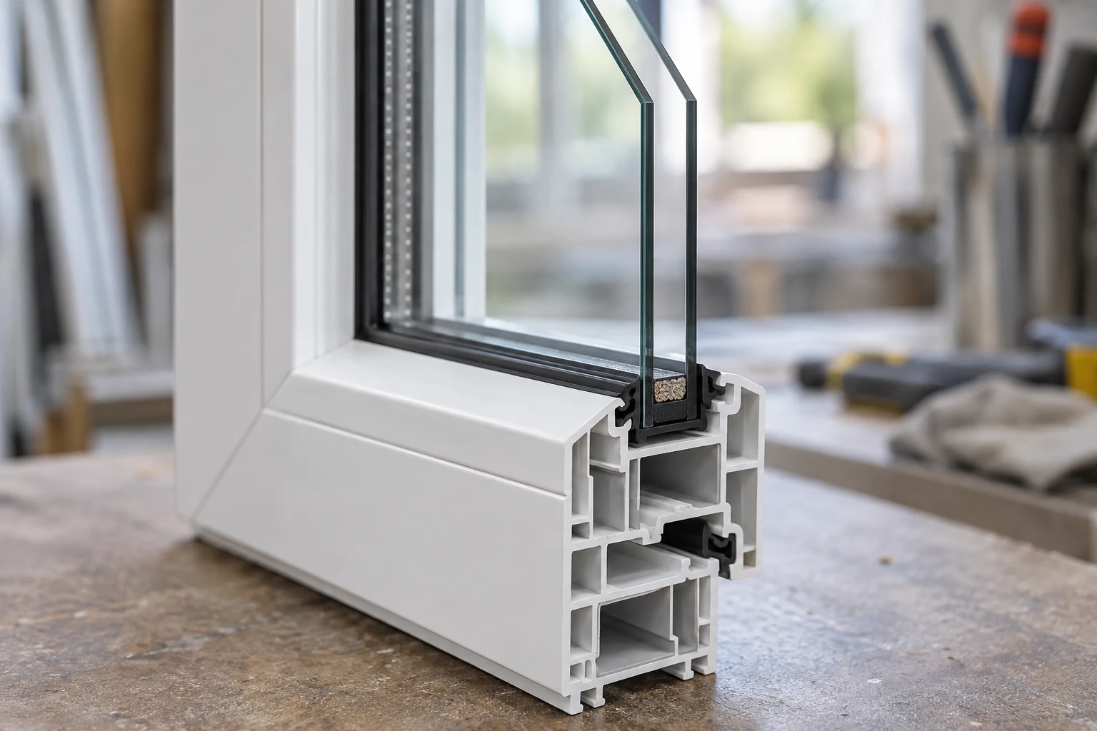 Double-pane insulated glass sample showing two panes, the sealed cavity and perimeter spacer in a vinyl profile.