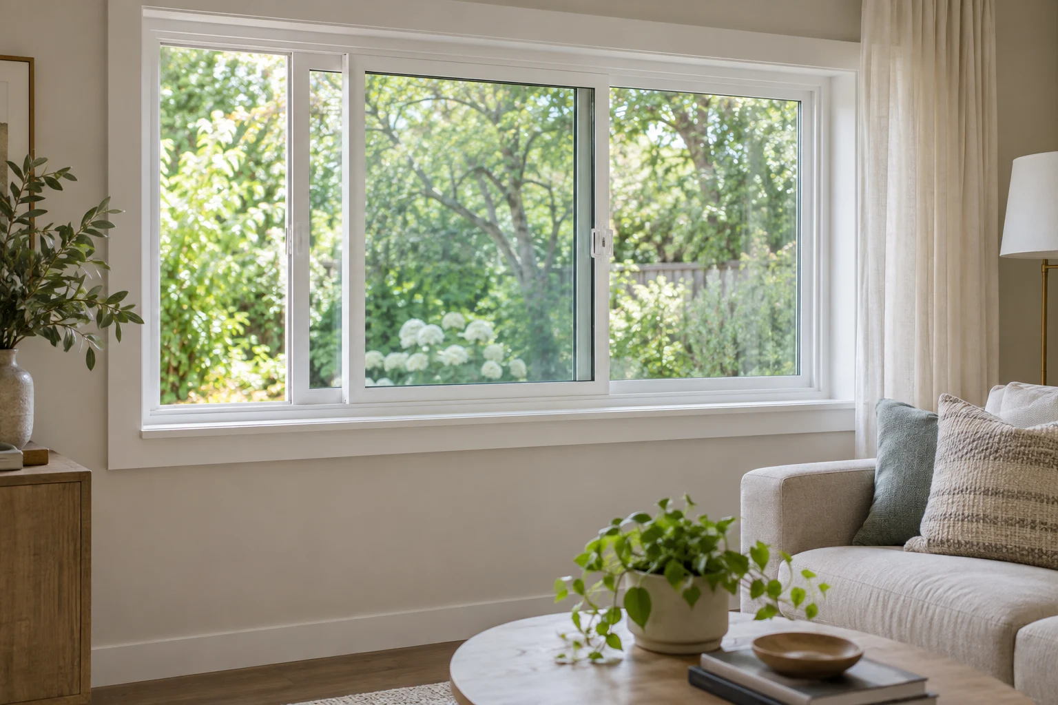 White vinyl horizontal sliding window partly open along its lower track for ventilation.