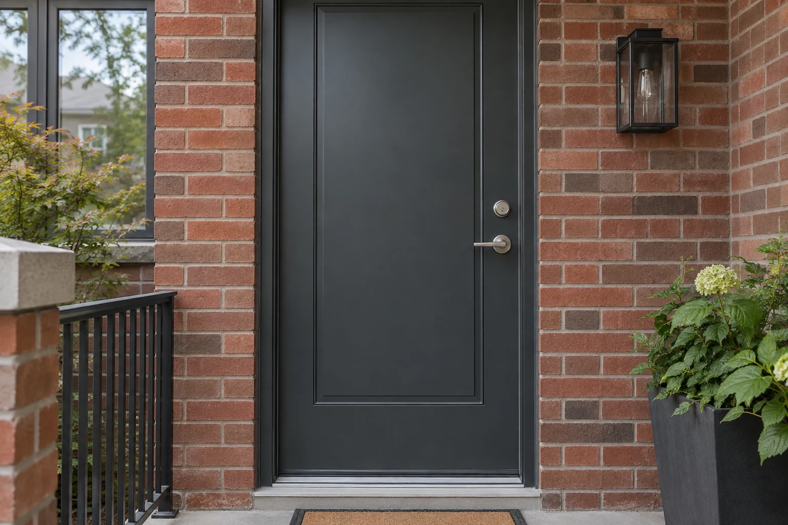 Charcoal steel entry door with a deadbolt and fitted frame in a brick home.