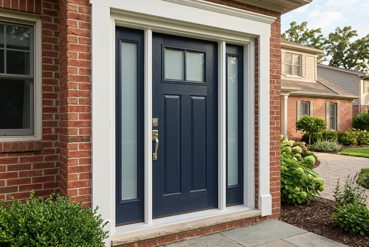 Exterior shot of a dark navy custom fiberglass entry door with double-pane glass insert and sidelites installed on a brick home.