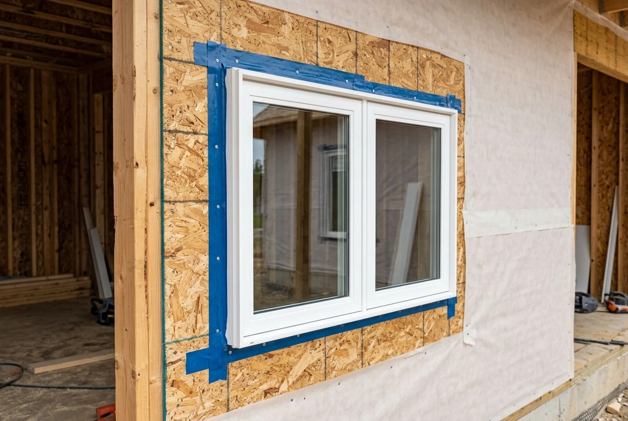A new construction white vinyl window frame with a visible nailing fin set into a wood-framed wall opening on an active construction site.