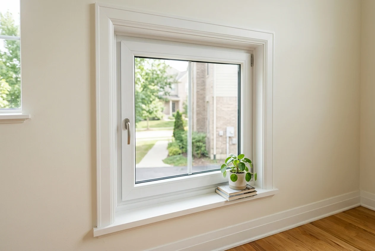 A white UPVC double-glazed casement window installed in a brightly lit residential room.
