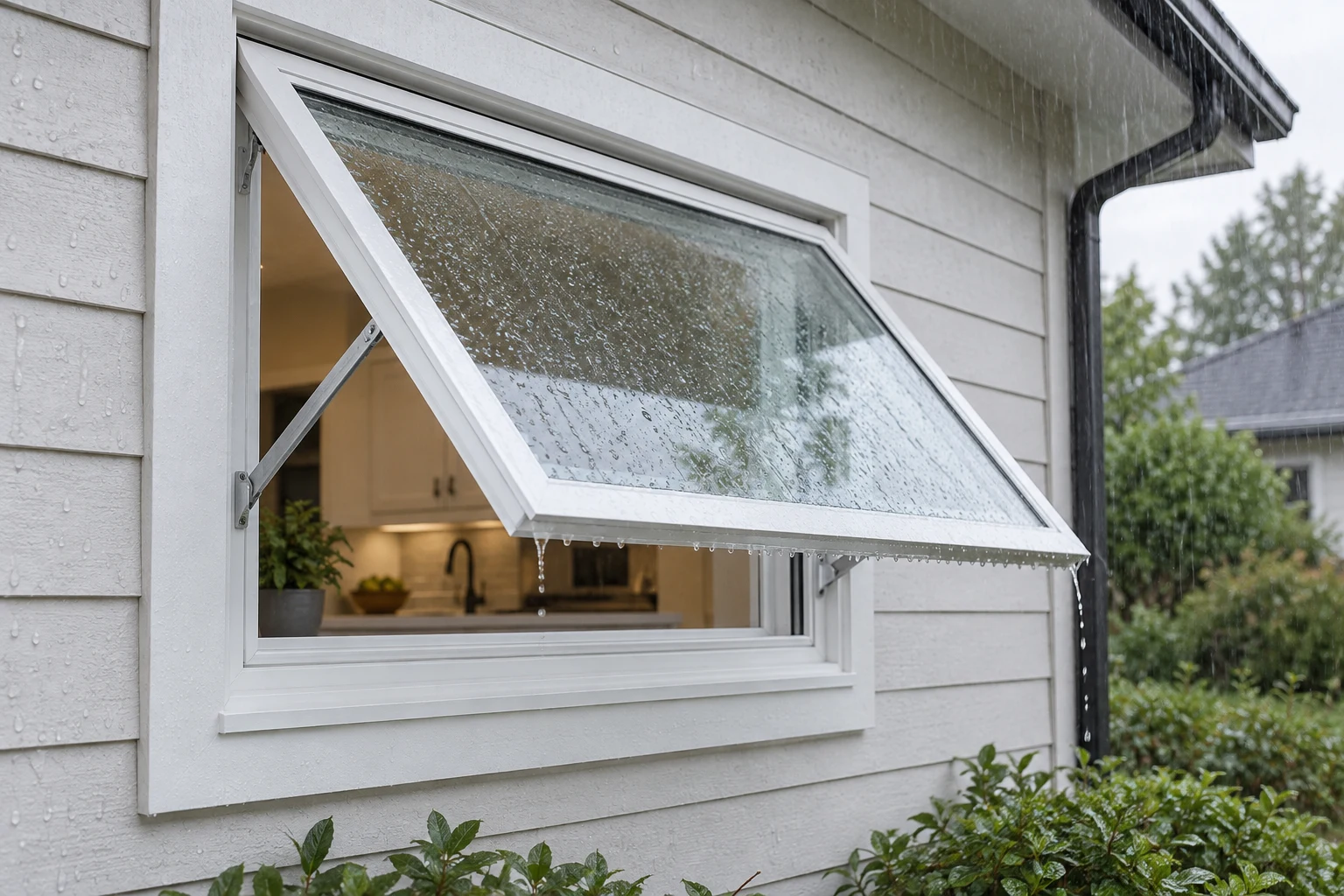 Top-hinged vinyl awning window opened outward during light rain, with a dry interior sill.