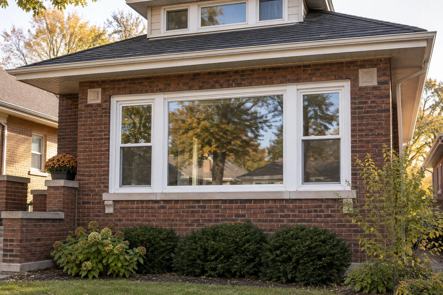 New white vinyl replacement windows fitted into the brick facade of a Chicago bungalow.