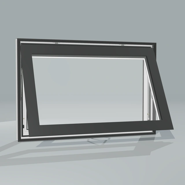 Angled exterior view of a black awning window, fully open, rendered from the Panes 3D configurator