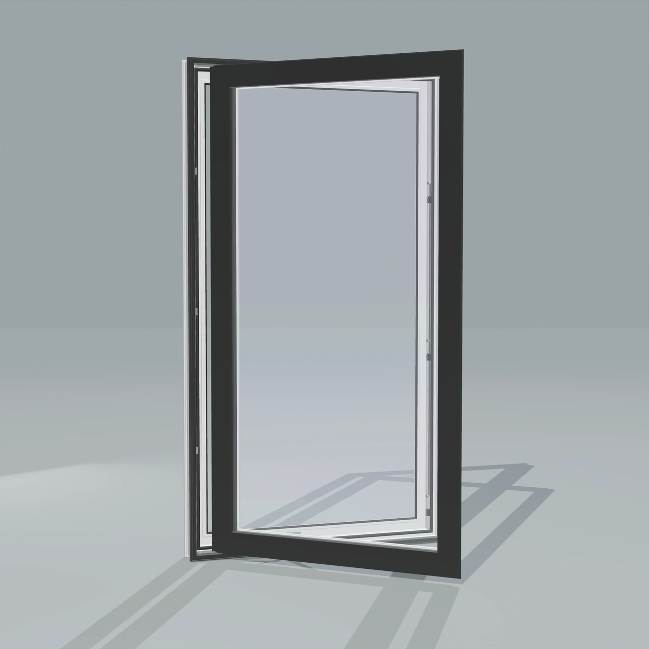 Angled exterior view of a black casement window, open 45 degrees, rendered from the Panes 3D configurator