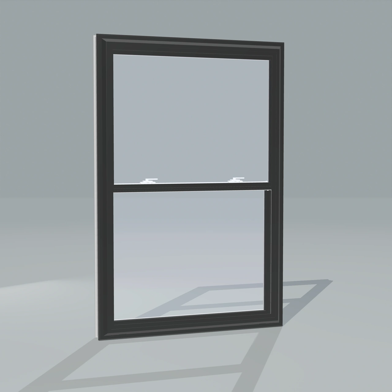 Angled exterior view of a black double hung window, rendered from the Panes 3D configurator