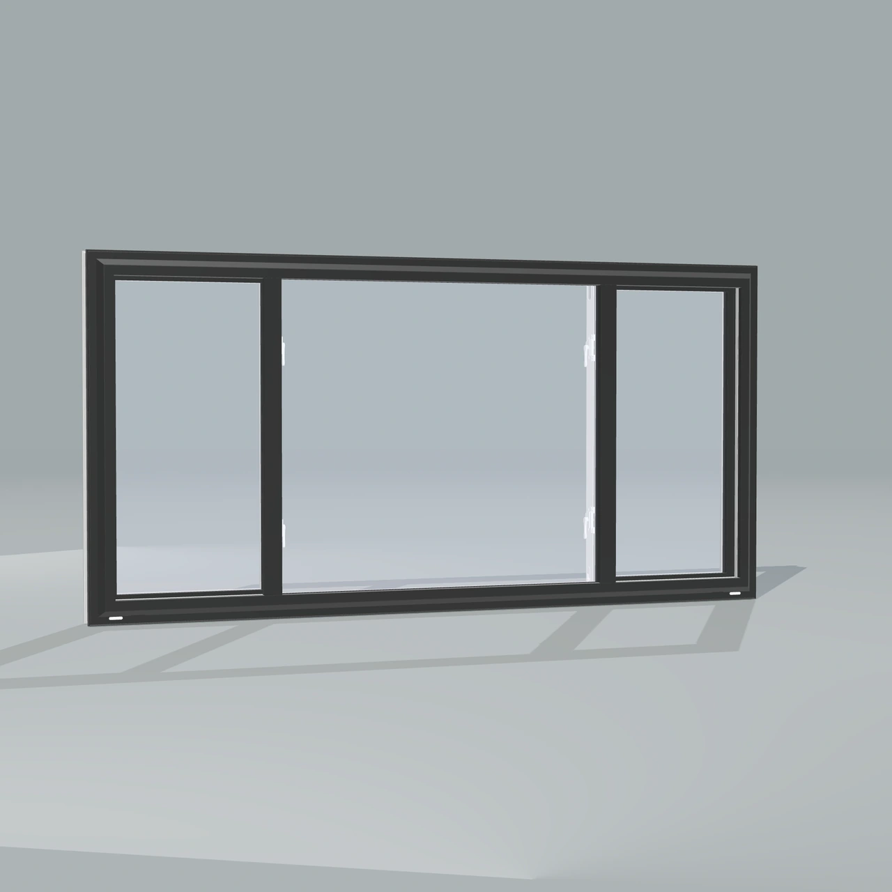 Angled exterior view of a black endvent slider window, rendered from the Panes 3D configurator