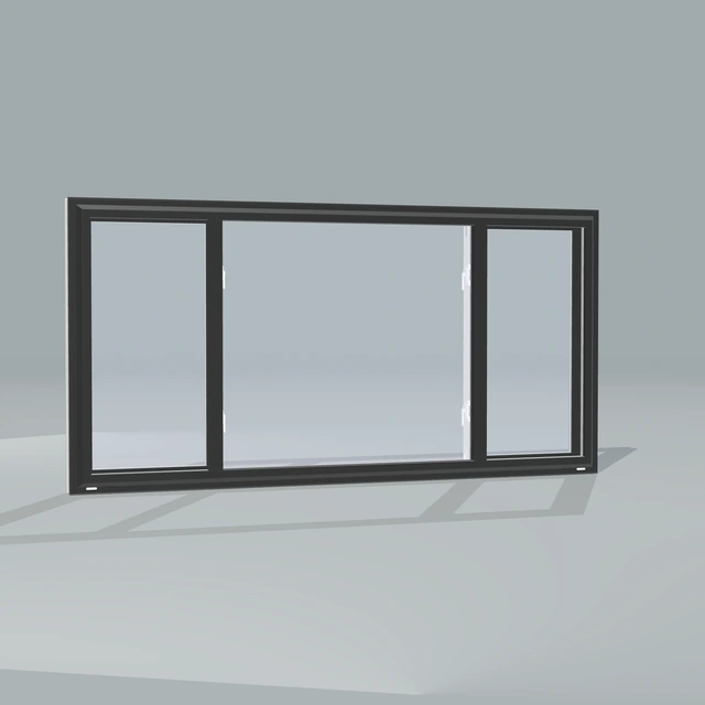 Angled exterior view of a black endvent slider window, rendered from the Panes 3D configurator