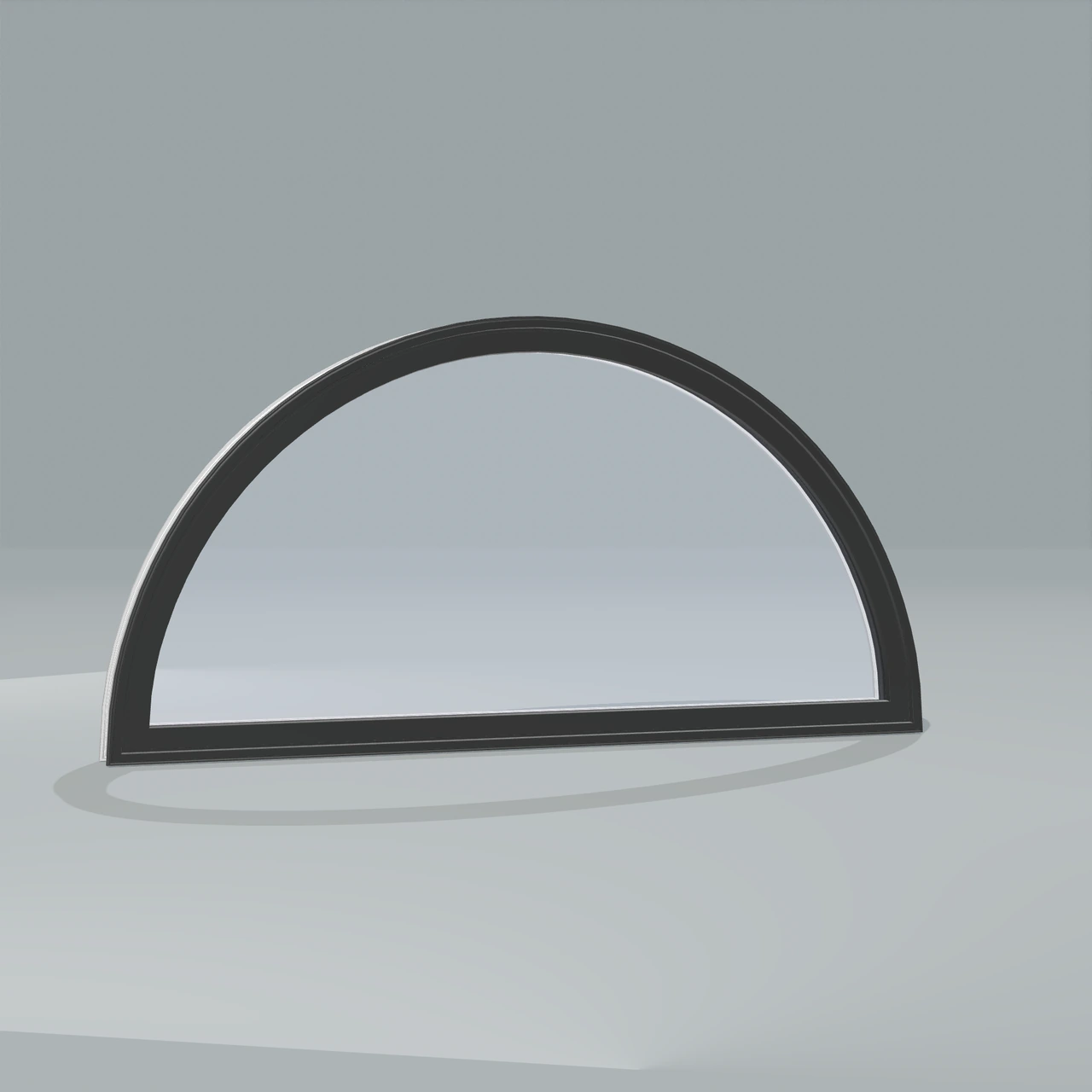 Angled exterior view of a black shaped window, rendered from the Panes 3D configurator