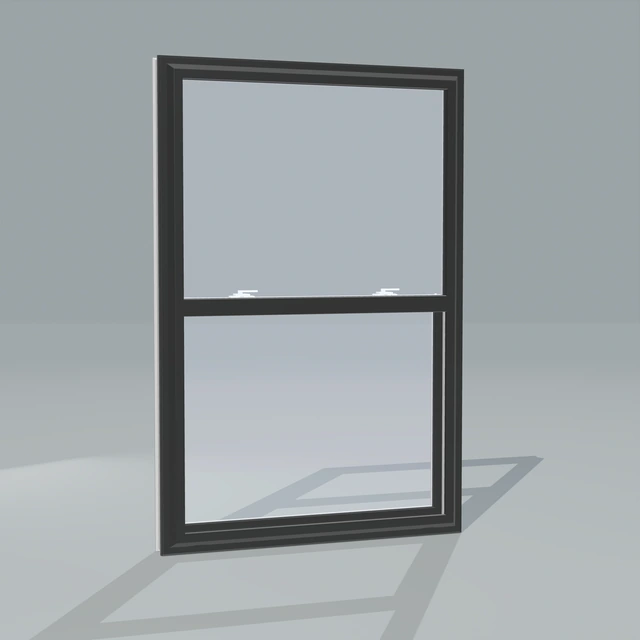 Angled exterior view of a black single hung window, rendered from the Panes 3D configurator