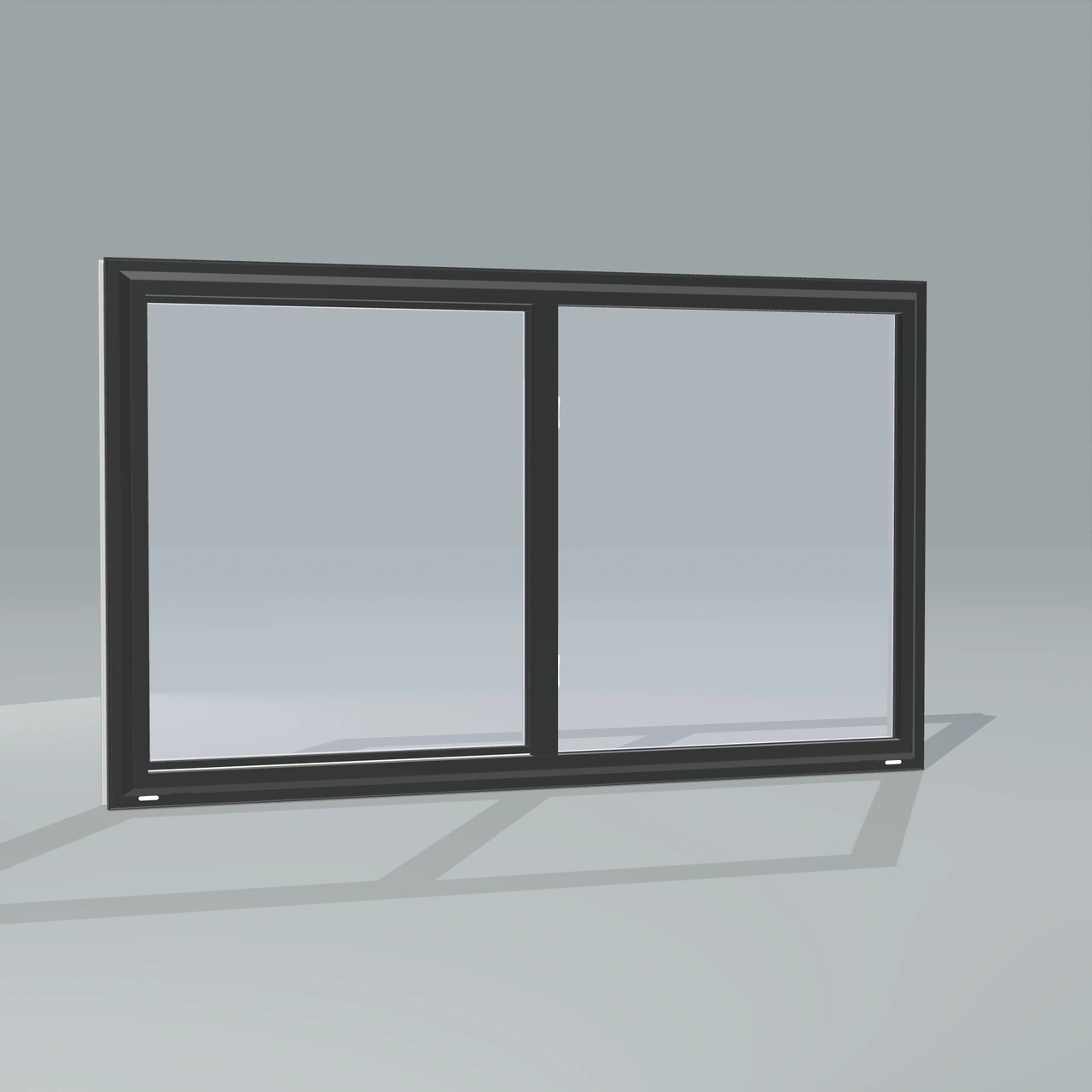 Angled exterior view of a black single slider window, rendered from the Panes 3D configurator