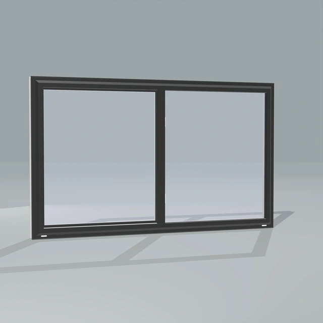 Angled exterior view of a black single slider window, rendered from the Panes 3D configurator
