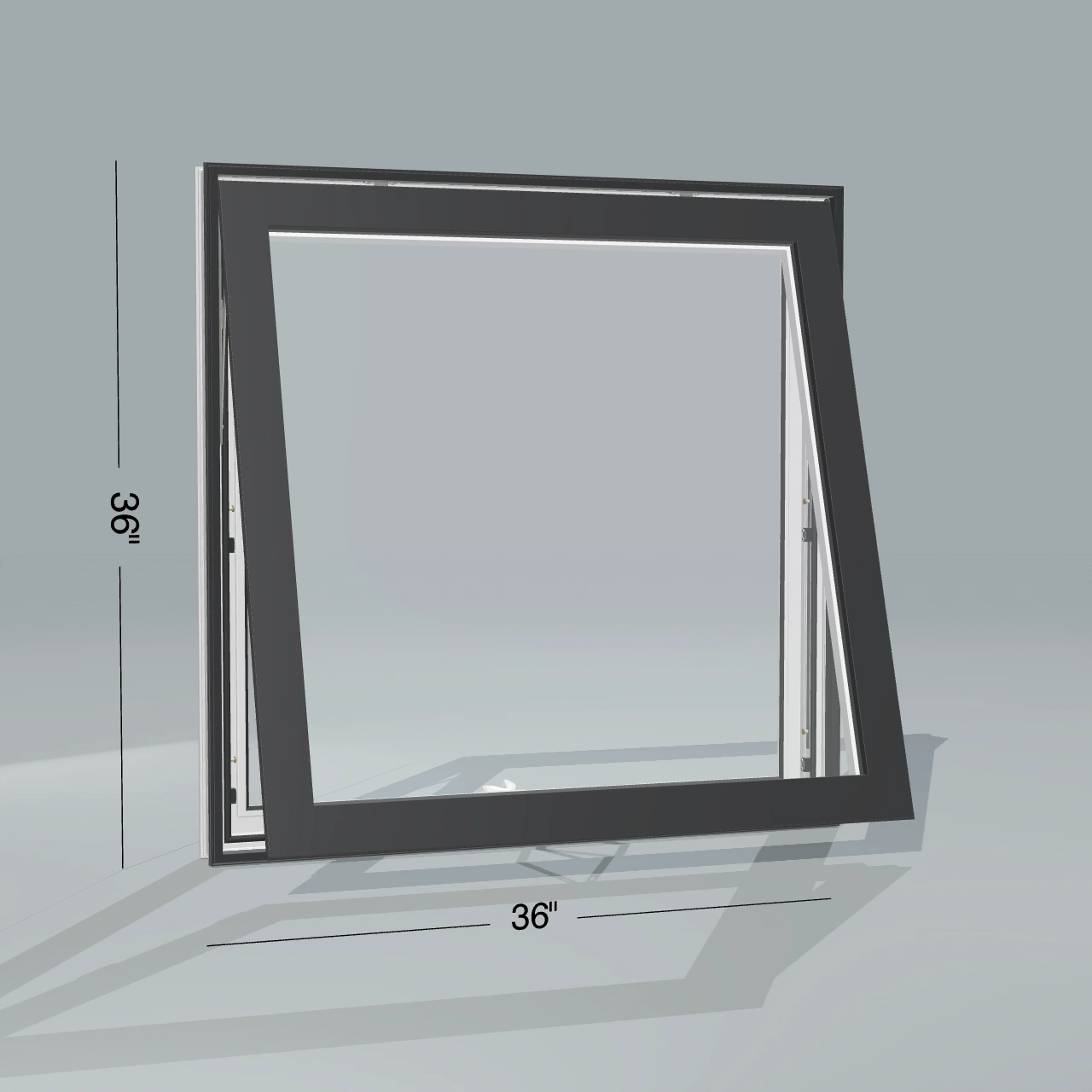 Panes configurator rendering of a fully open 36 × 36 inch awning window with black exterior, white interior and no nailing flange