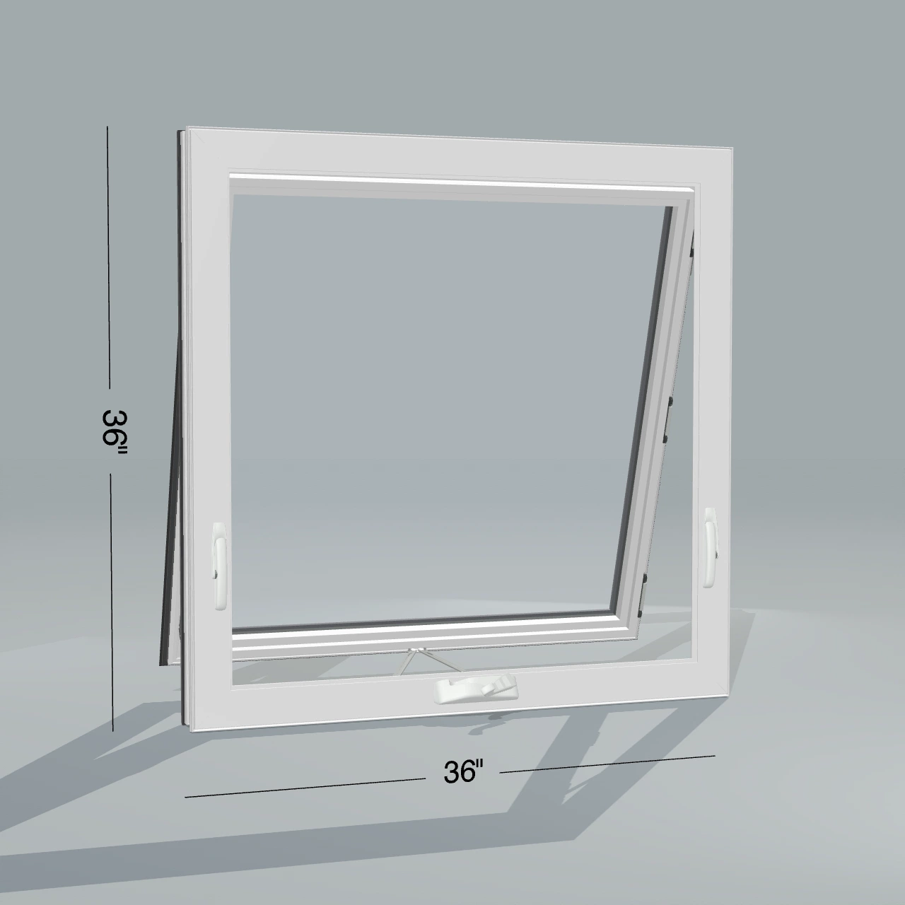 Room-side Panes configurator rendering of the same fully open 36 × 36 inch awning window with white interior and no nailing flange