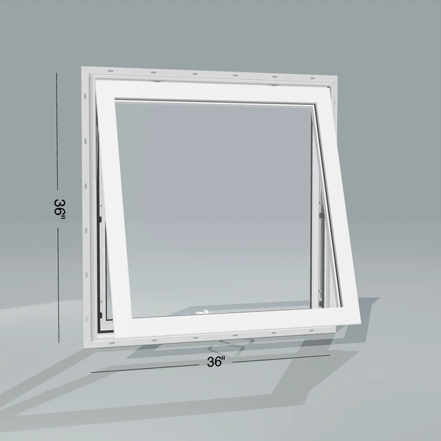 Angled exterior configurator view of the 36 × 36 inch awning, white exterior / white interior, with nailing flange, awning sash fully open