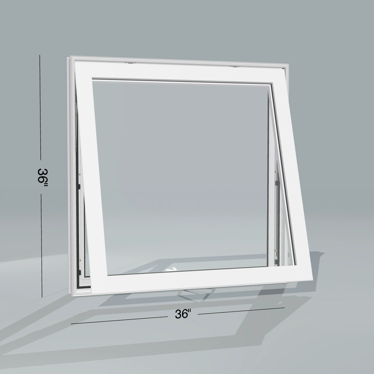 Angled exterior configurator view of the 36 × 36 inch awning, white exterior / white interior, without nailing flange, awning sash fully open