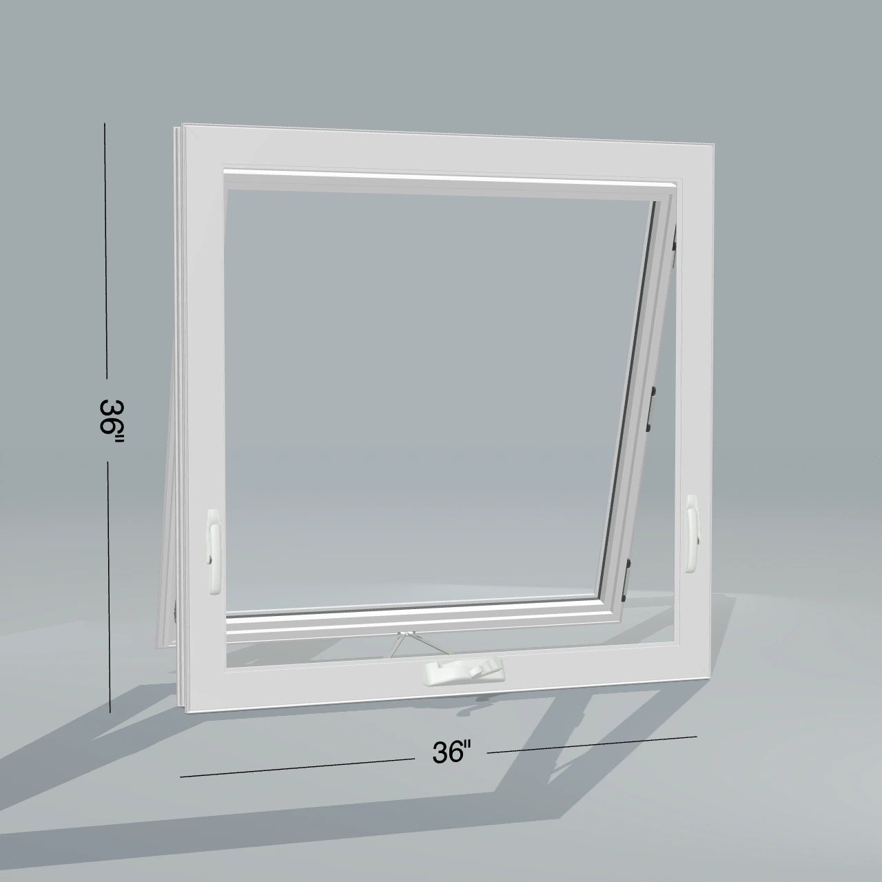 Angled interior view of the 36 × 36 inch awning, white exterior / white interior, without nailing flange, awning sash fully open