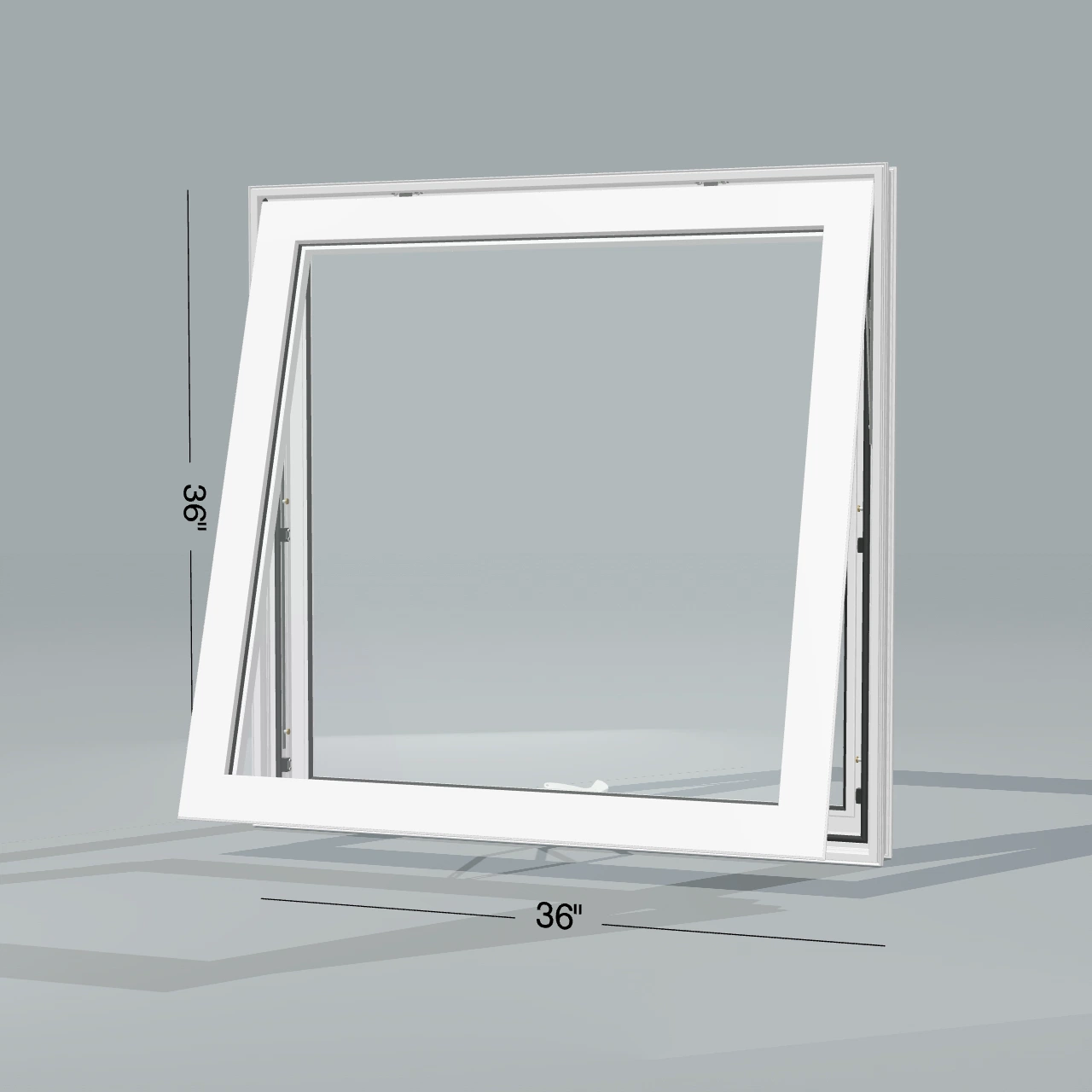 Opposite exterior angle of the 36 × 36 inch awning, white exterior / white interior, without nailing flange, awning sash fully open