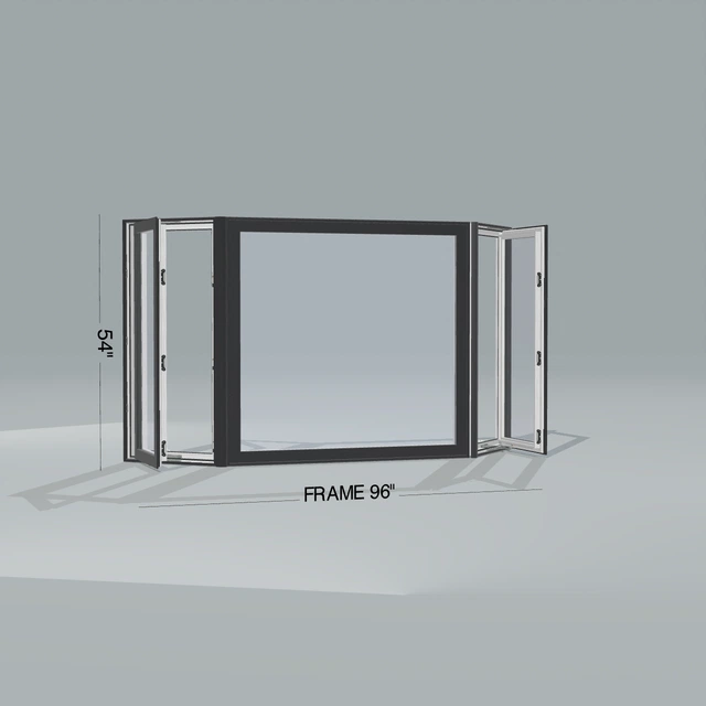 Angled exterior view of a black bay window, operating casement sashes open 45 degrees, 96 by 54 inch frame with dimension lines, rendered from the Panes 3D configurator