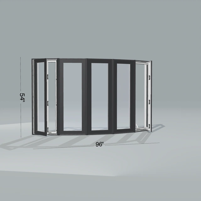 Angled exterior view of a black bow window, operating casement sashes open 45 degrees, 96 by 54 inch frame with dimension lines, rendered from the Panes 3D configurator