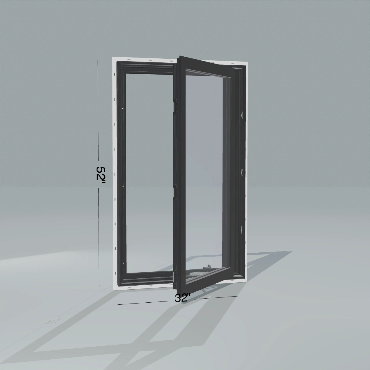 Angled exterior configurator view of the 32 × 52 inch casement, black exterior / black interior, with nailing flange, casement sashes open 45 degrees