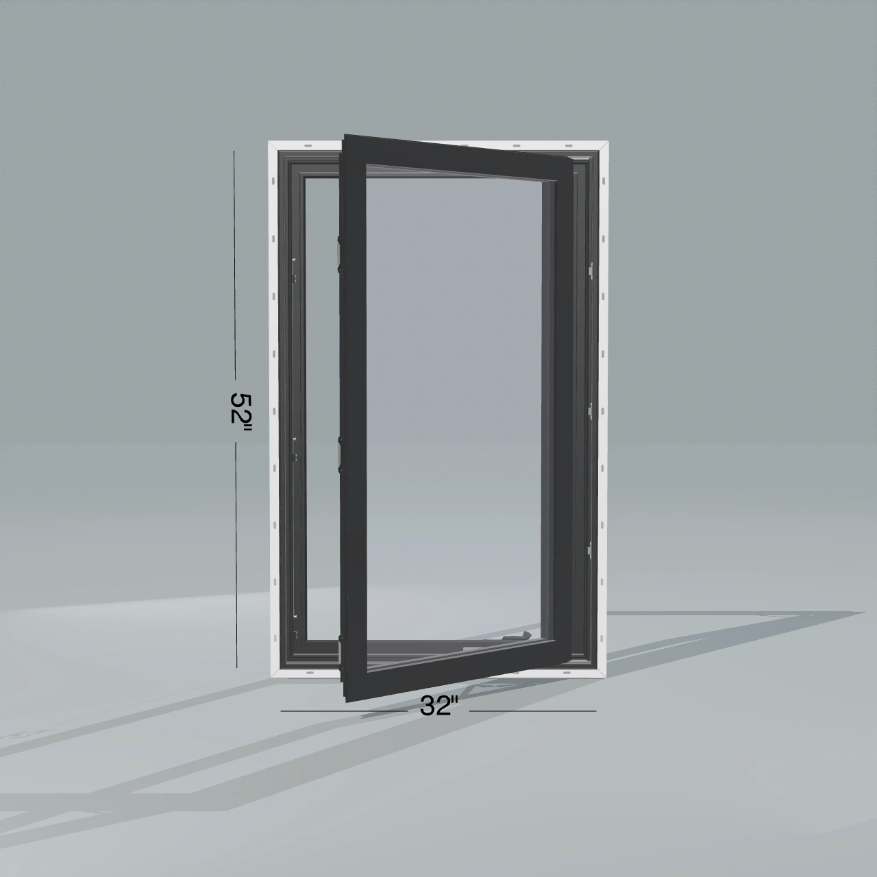 Straight exterior view of the 32 × 52 inch casement, black exterior / black interior, with nailing flange, casement sashes open 45 degrees