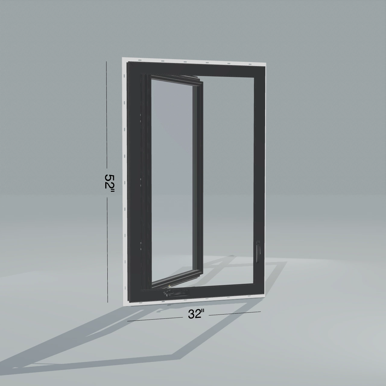 Angled interior view of the 32 × 52 inch casement, black exterior / black interior, with nailing flange, casement sashes open 45 degrees