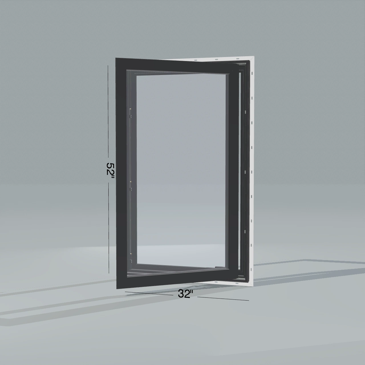 Opposite exterior angle of the 32 × 52 inch casement, black exterior / black interior, with nailing flange, casement sashes open 45 degrees