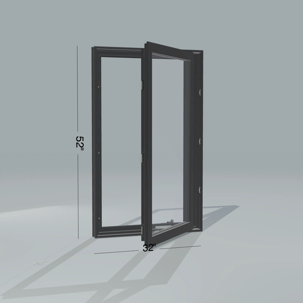 Angled exterior configurator view of the 32 × 52 inch casement, black exterior / black interior, without nailing flange, casement sashes open 45 degrees