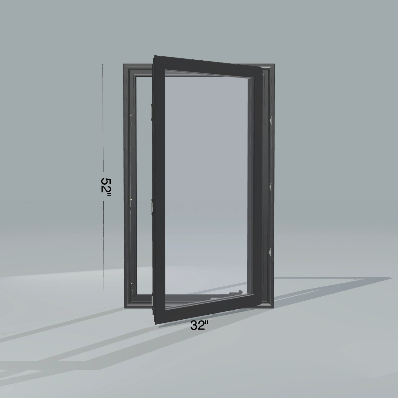 Straight exterior view of the 32 × 52 inch casement, black exterior / black interior, without nailing flange, casement sashes open 45 degrees