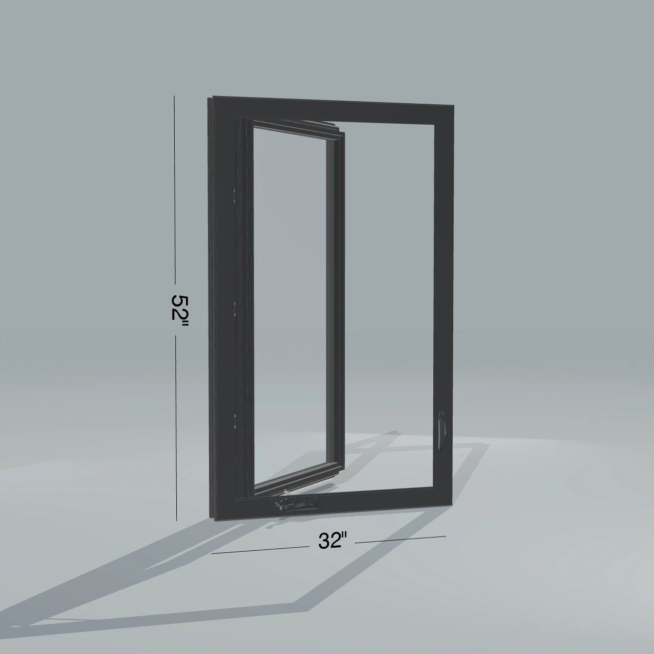 Angled interior view of the 32 × 52 inch casement, black exterior / black interior, without nailing flange, casement sashes open 45 degrees