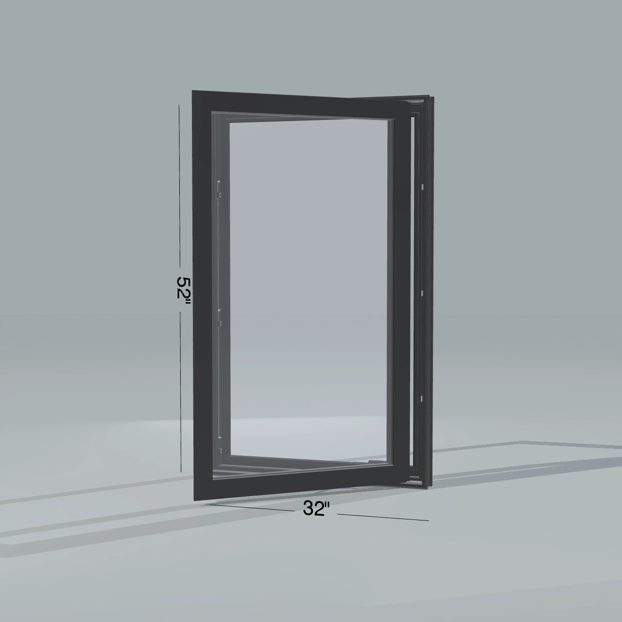 Opposite exterior angle of the 32 × 52 inch casement, black exterior / black interior, without nailing flange, casement sashes open 45 degrees