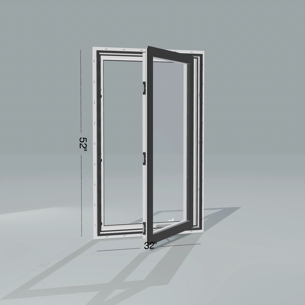 Angled exterior configurator view of the 32 × 52 inch casement, black exterior / white interior, with nailing flange, casement sashes open 45 degrees