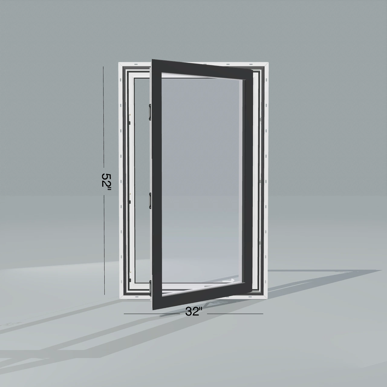 Straight exterior view of the 32 × 52 inch casement, black exterior / white interior, with nailing flange, casement sashes open 45 degrees