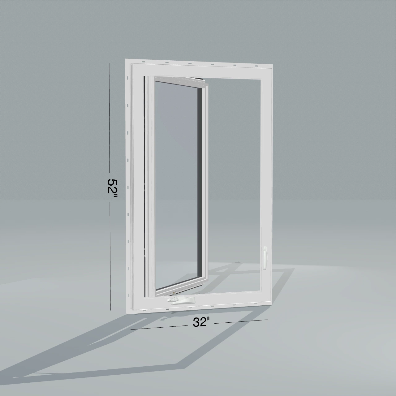 Angled interior view of the 32 × 52 inch casement, black exterior / white interior, with nailing flange, casement sashes open 45 degrees