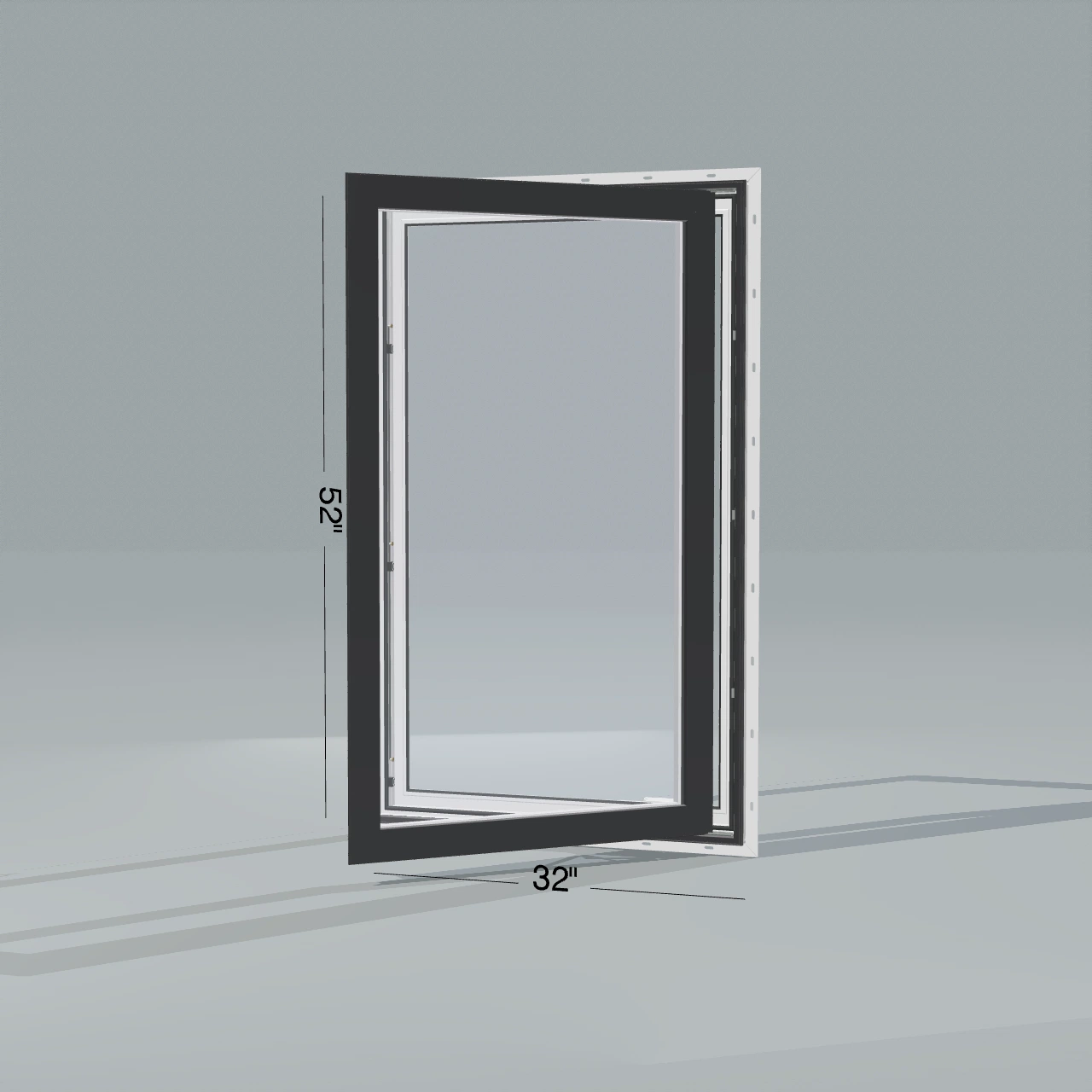 Opposite exterior angle of the 32 × 52 inch casement, black exterior / white interior, with nailing flange, casement sashes open 45 degrees
