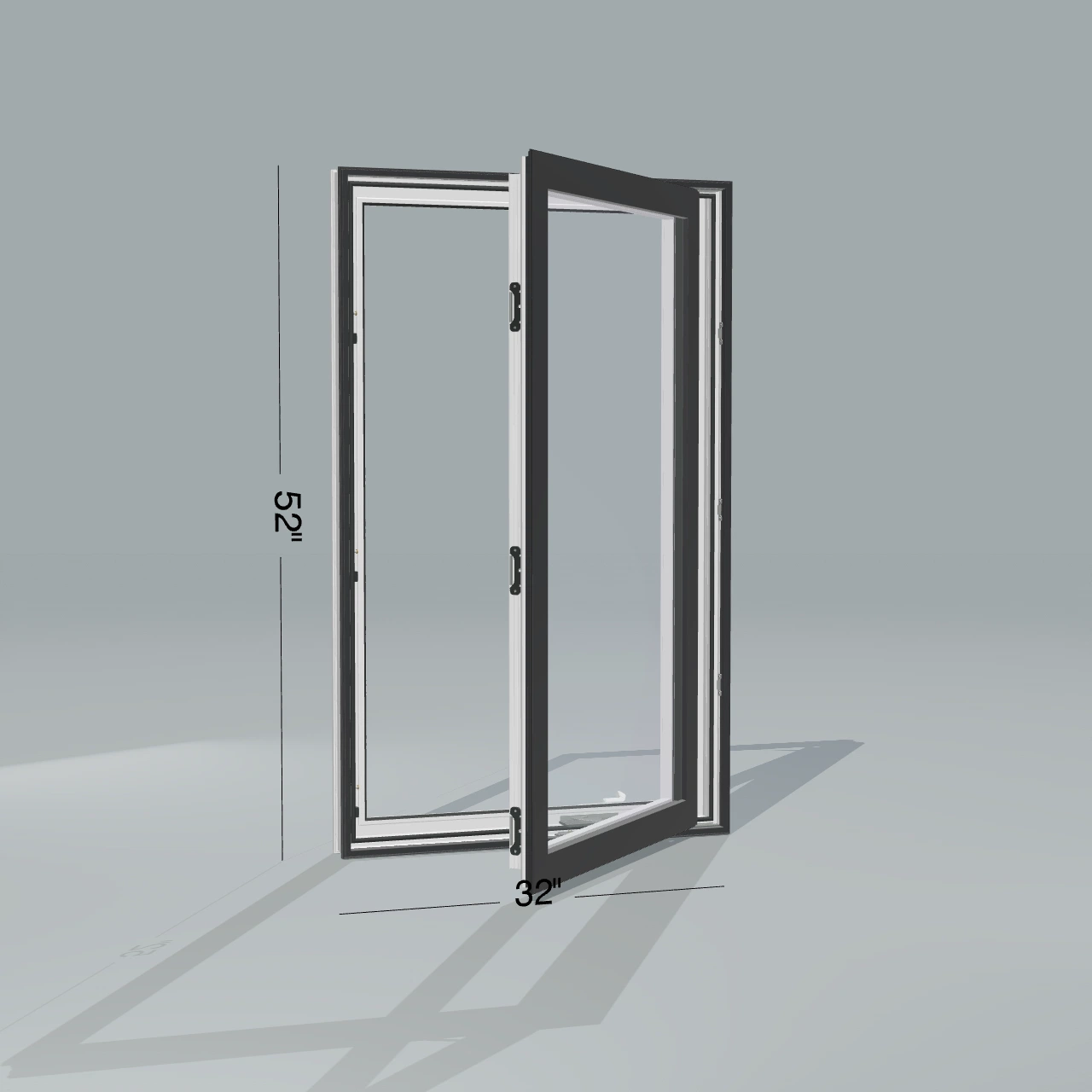 Angled exterior configurator view of the 32 × 52 inch casement, black exterior / white interior, without nailing flange, casement sashes open 45 degrees
