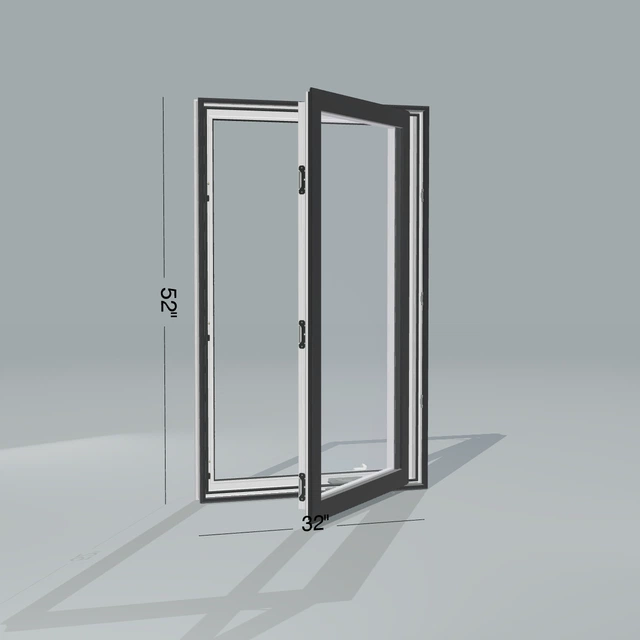 Angled exterior configurator view of the 32 × 52 inch casement, black exterior / white interior, without nailing flange, casement sashes open 45 degrees