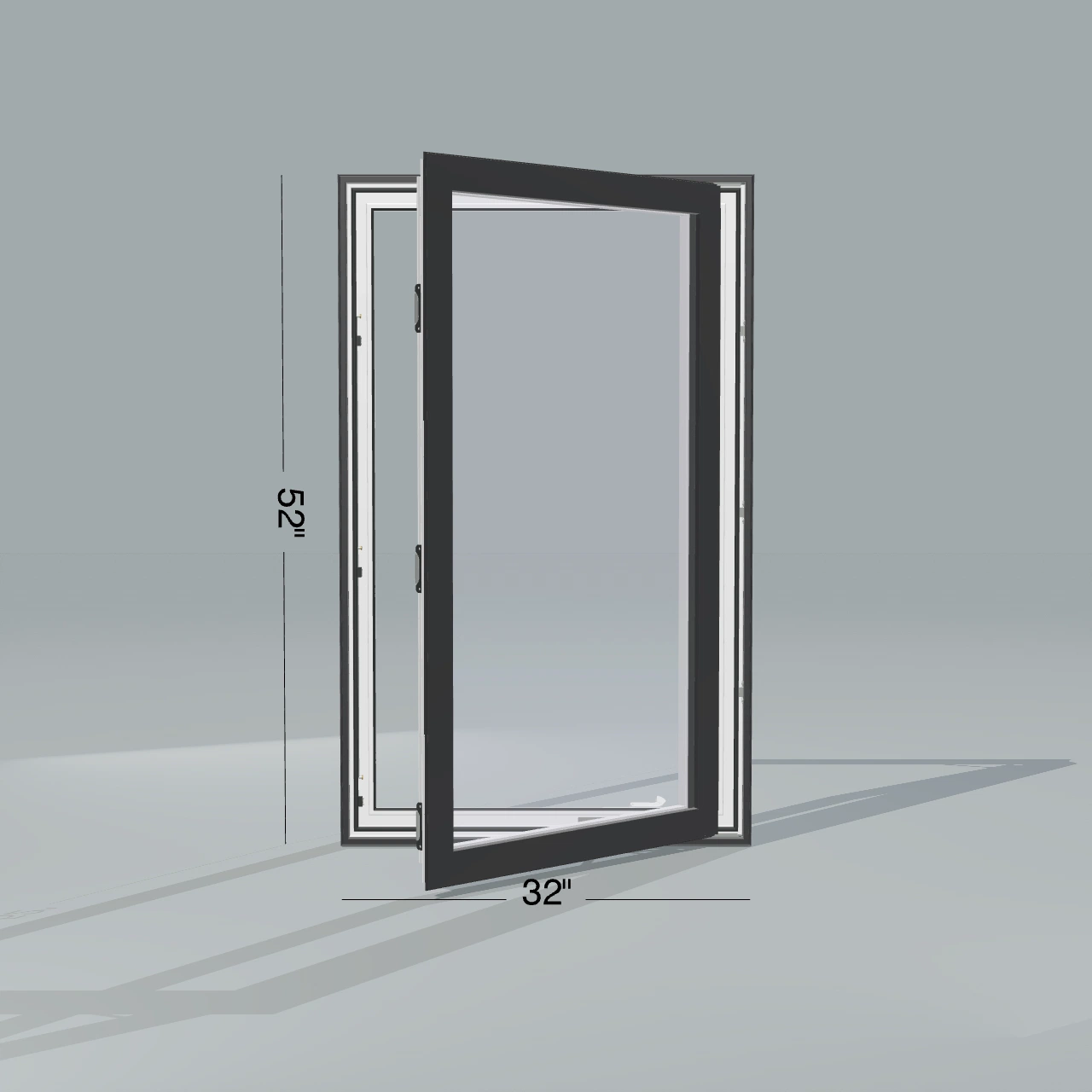 Straight exterior view of the 32 × 52 inch casement, black exterior / white interior, without nailing flange, casement sashes open 45 degrees