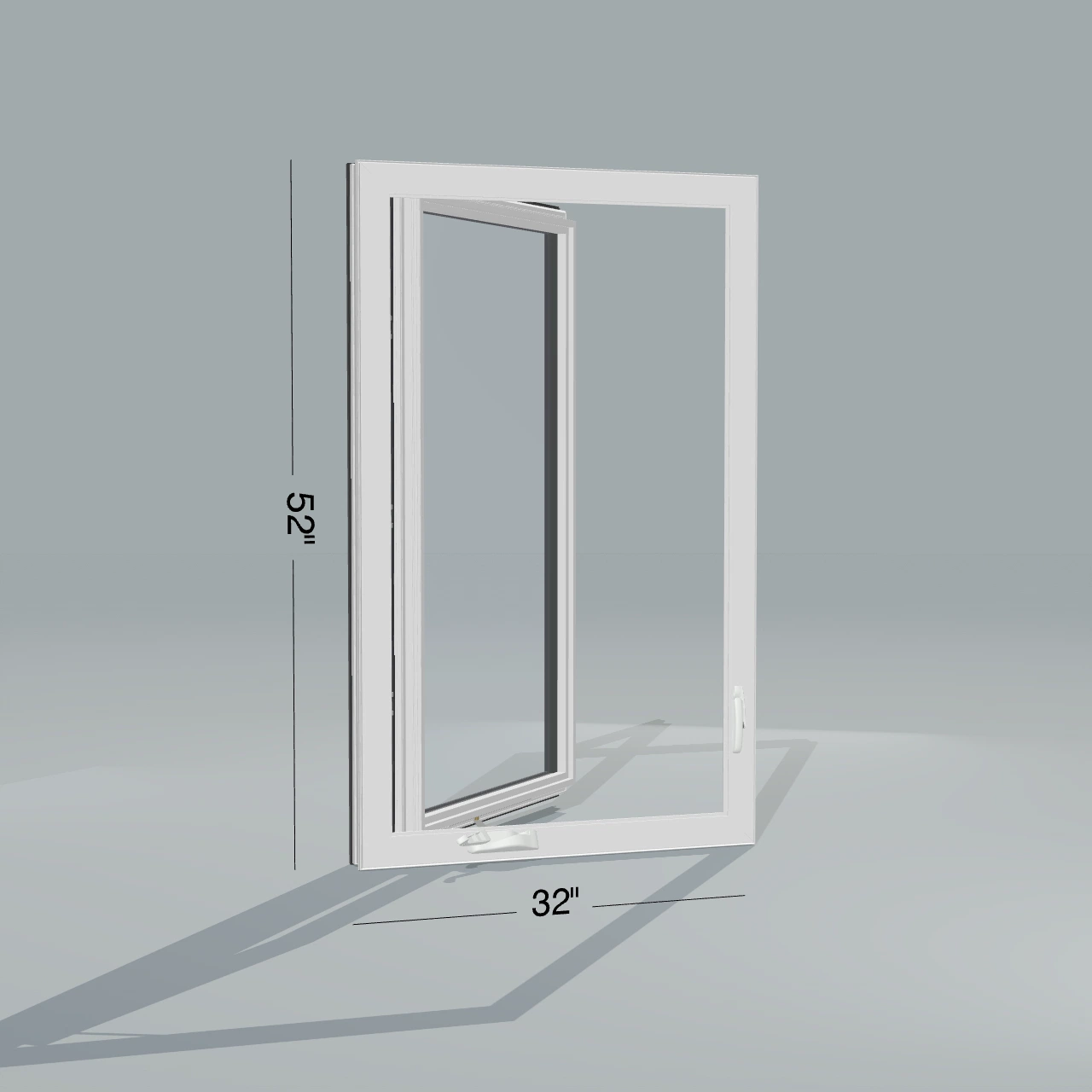 Angled interior view of the 32 × 52 inch casement, black exterior / white interior, without nailing flange, casement sashes open 45 degrees