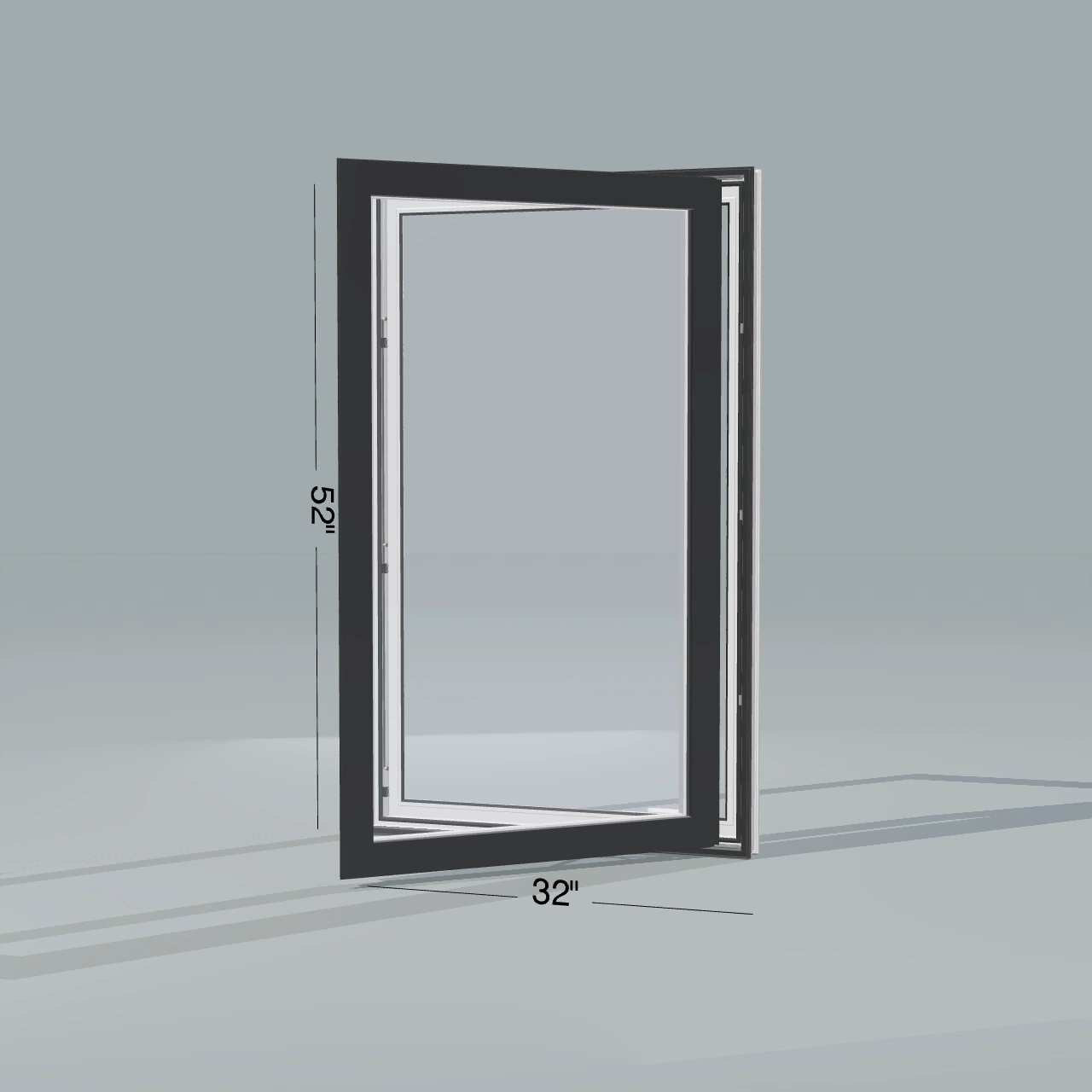 Opposite exterior angle of the 32 × 52 inch casement, black exterior / white interior, without nailing flange, casement sashes open 45 degrees